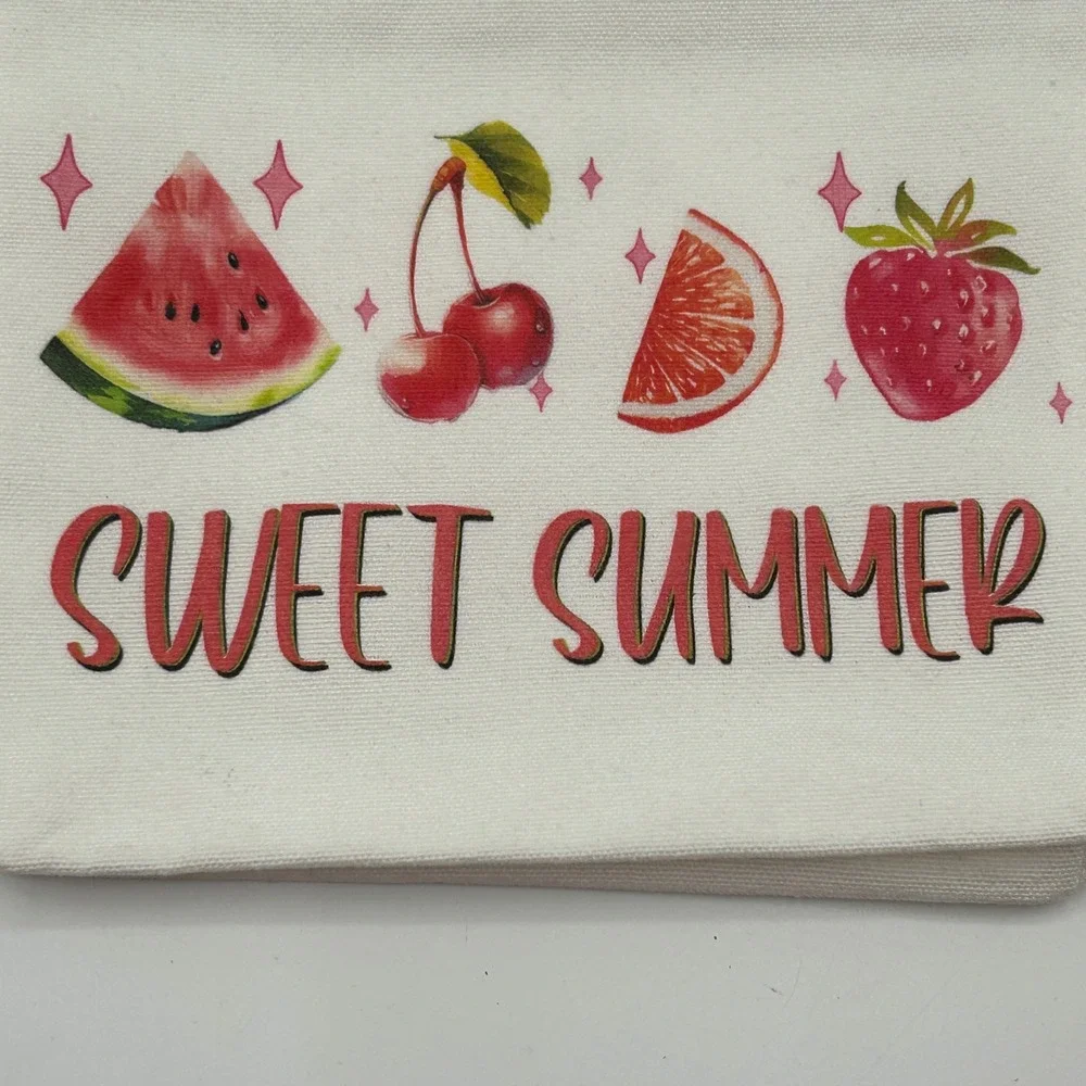 Sweet Summer Fruit Canvas Cosmetic Pouch Makeup‎ Bag with Cherry Bell Charm NWOT